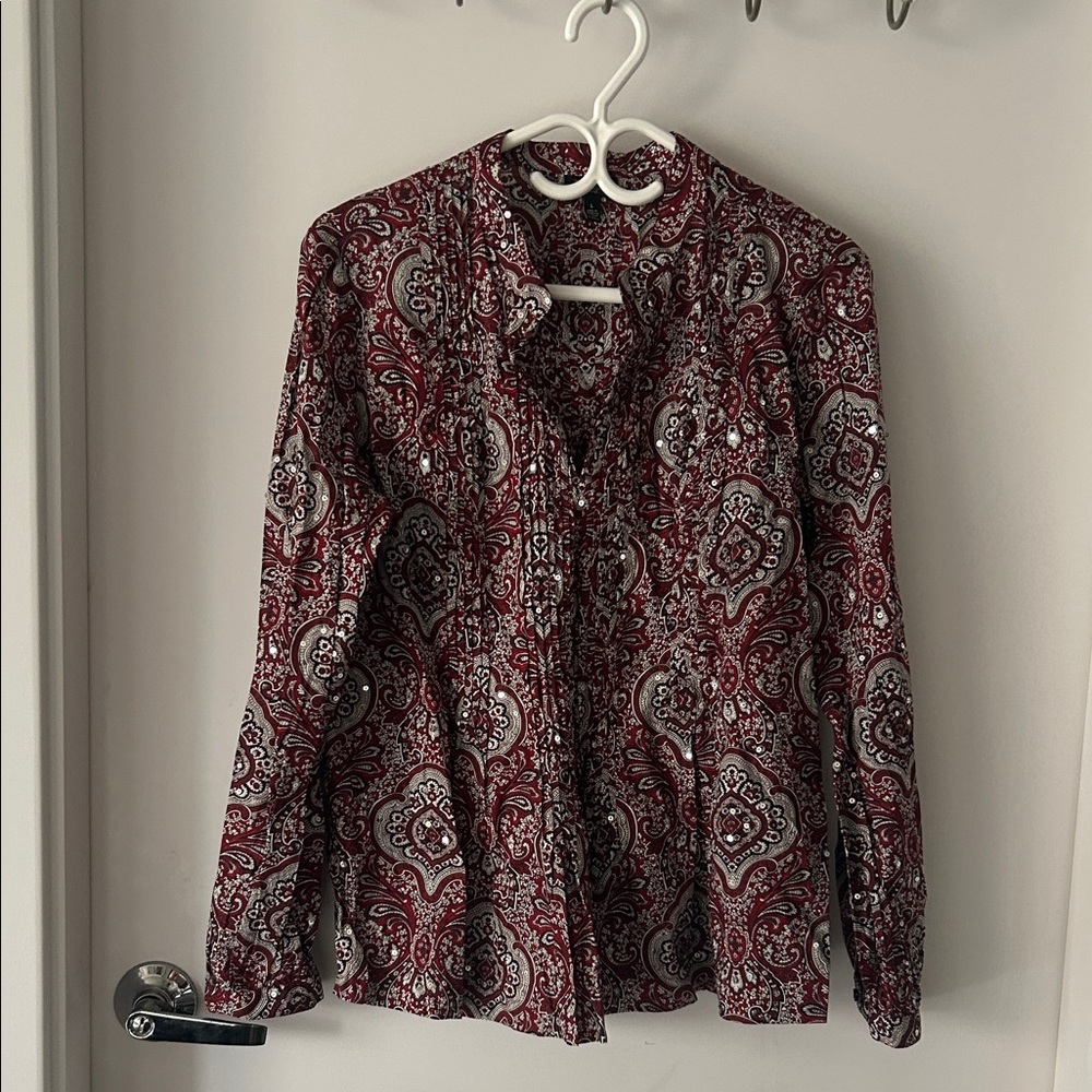 Like new Talbots Red and White Paisley Blouse with sequins